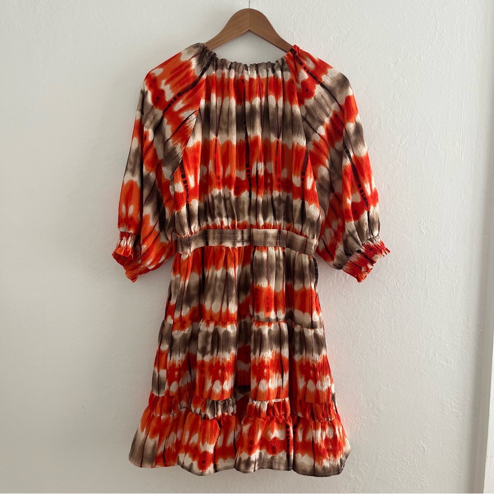 Yakira Bella Dress Tiered Ruffle Hem Size S Orange Tie Dye Boho Balloon Sleeve - Picture 4 of 11